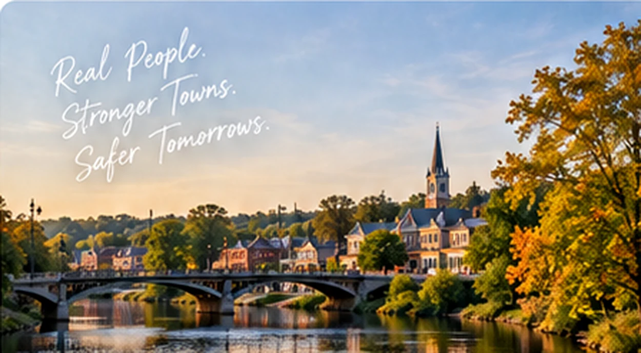 Illustrative riverfront town and bridge at sunset; not a photograph of a specific community